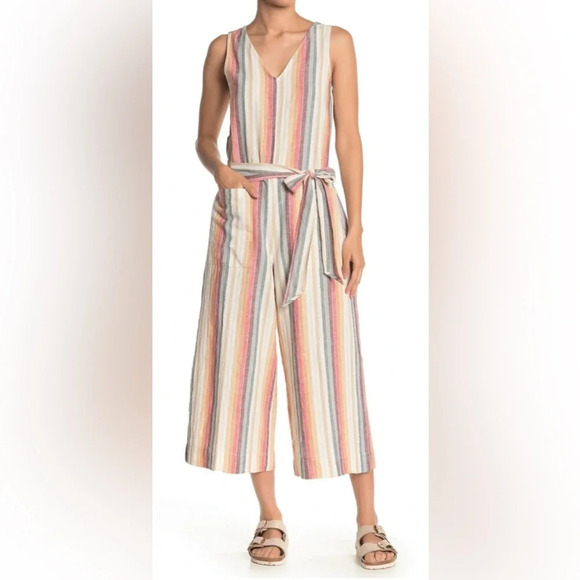 beachlunchlounge Pants - BEACH LUNCH LOUNGE Sz XL Lennon Stripes Belt Pockets Linen Cotton Blend Jumpsuit